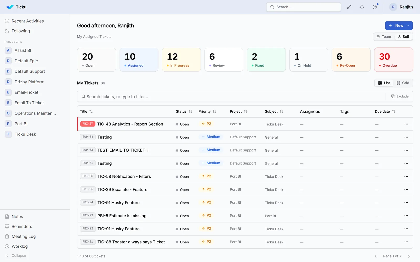 The Ticku dashboard: ticket counts by status across the top, above a searchable list of assigned tickets with status, priority, project, subject and due date columns