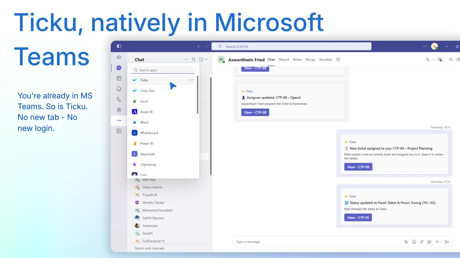 Ticku listed among the apps in Microsoft Teams, with ticket notification cards in a chat